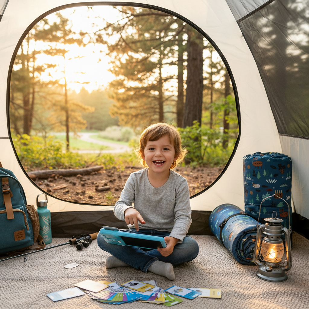 Child camping with tablet