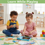 Two kids with flashcards and tablet